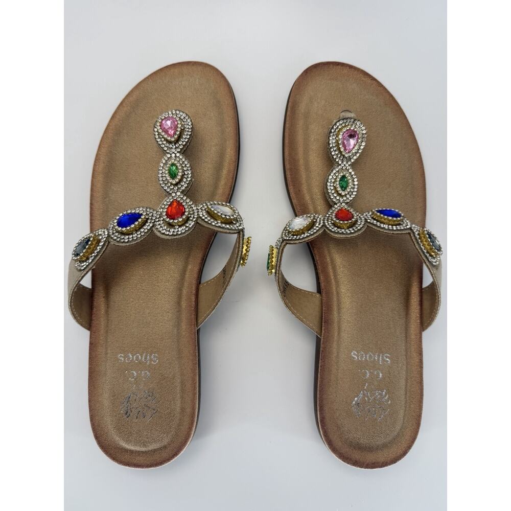 NEW GC Shoe Gold Jeweled Rhinestone Crystal T-Strap Sandal Thong Slip-On 9.5 - Picture 7 of 10